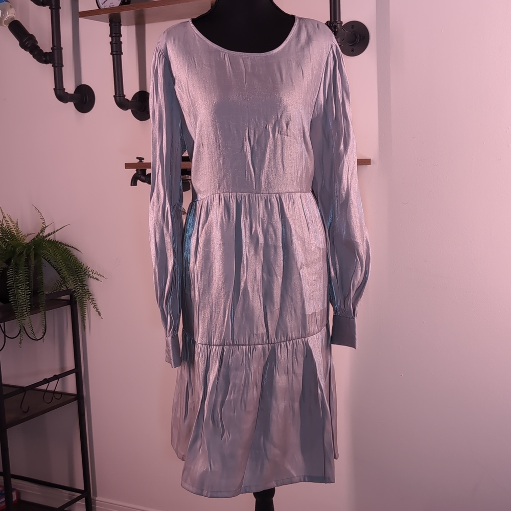 Effortless A New Day Tiered Midi Dress in Silver. Perfect for Office